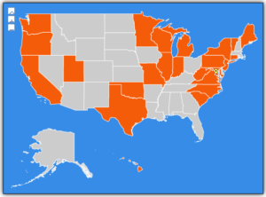 Map of the US showing states with legislation in place around e-waste